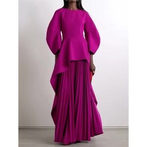 Maximalist Womens Magenta Pleated Ruffled Asymmetrical Floor Length Dress Sz M